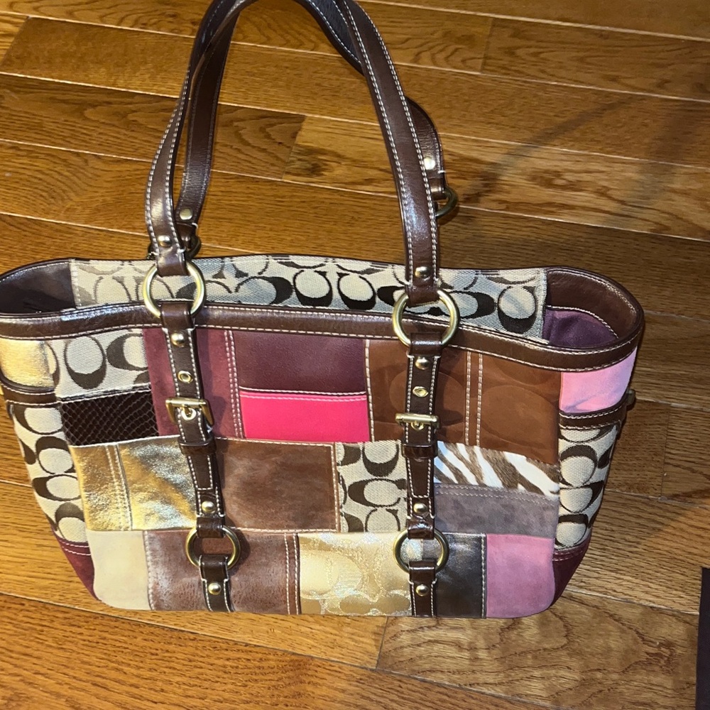 Coach Holiday patchwork tote. Adjustable arm straps.